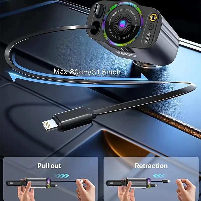 5-in-1 Car Charger with Ambient LED Lighting, PD3.0 Fast Charging, Retractable Cable, Car Air Freshener, Starlight Projector, 45W