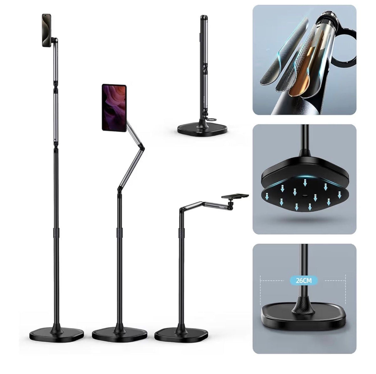 TELESIN Magnetic Phone Tablet Floor Stand, Aluminum Alloy Phone Holder Stand for Video Recording, Overhead Bed, Phone Mount Height Adjustable Ultra Stable Base for Magsafe, iPhone, Android & iPad