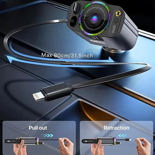 5-in-1 Car Charger with Ambient LED Lighting, PD3.0 Fast Charging, Retractable Cable, Car Air Freshener, Starlight Projector, 45W